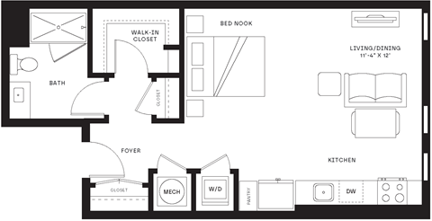 Floor plan for studio, 1 bath, 642 sqft